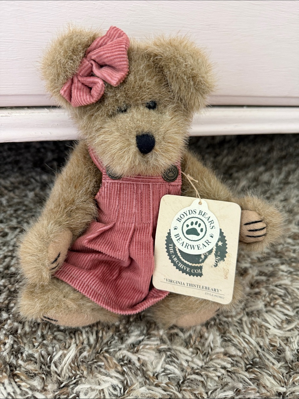 Boyds Bears Pink Corduroy Dress Teddy Bear Hair Bow